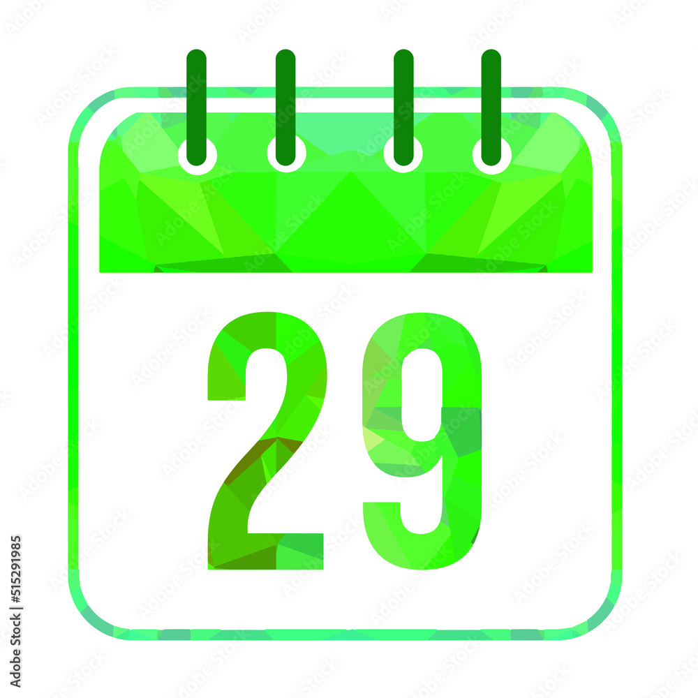 Calendar day 29. Number twenty nine on a white paper with modern green border. Isolated on white background. Vector illustration.