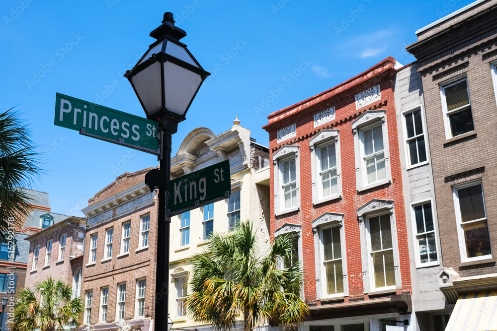Cityscape of the historic downtown French Quarter district in Charleston, South Carolina