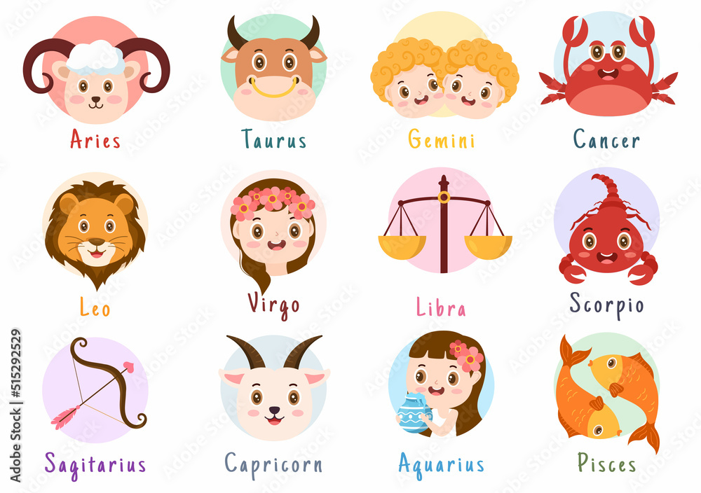 Zodiac Wheel Astrological Sign with Symbol Twelve Astrology Names, Horoscopes or Constellations in Flat Cartoon Character Vector Illustration Zodiac Wheel Astrological Sign with Symbol Twelve Astrology Names, Horoscopes or Constellations in Flat Cartoon Character Vector Illustration