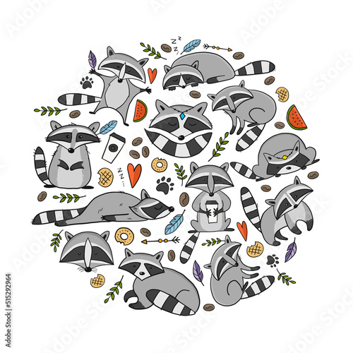 Racoons Family. Funny Characters. Art frame for your design