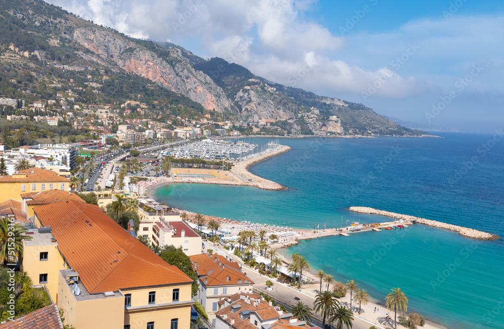 Scenic panoramic view of Menton seashore promenade and historic city in French Riviera Cote D azur.