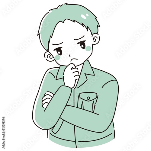 考え事をしている作業服を着た男性のイラスト