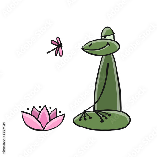 Yoga frog meditate in lotus pose. Isolated on white background. Cartoon for y...