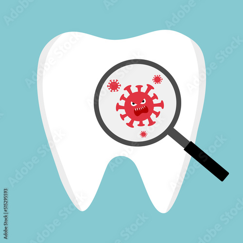 Magnifying glass tooth bacteria concept vector illustration. Dental health problem.