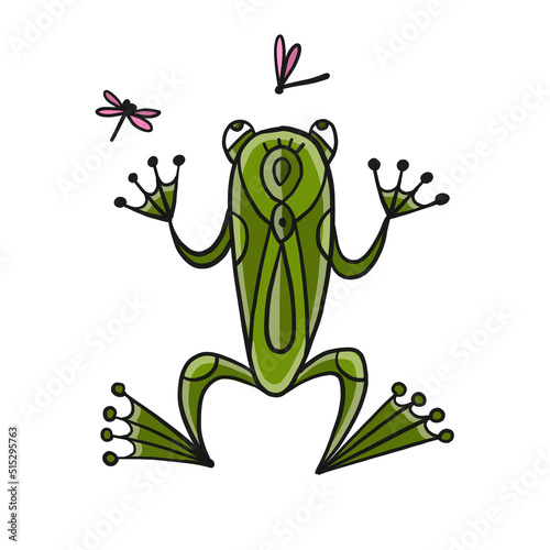 Little funny frog with fly. Isolated on white background. Cartoon for your de...