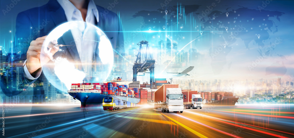 Businessman using virtual of global logistics network distribution, Smart  logistics transportation import export concept, Cargo freight ship, truck  at industrial port, Global business and technology Photos | Adobe Stock