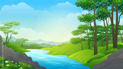 River with fresh water between hills and beautiful tropical forest