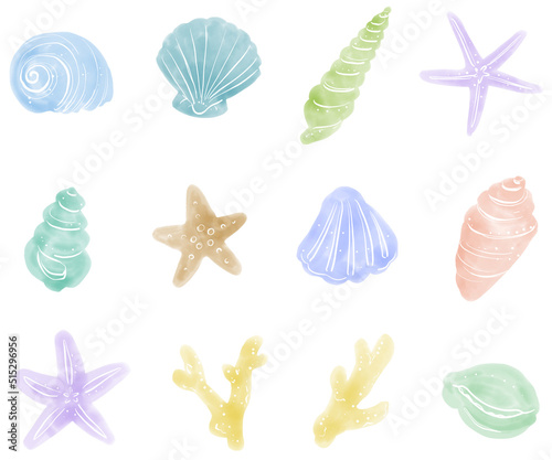 貝殻と珊瑚　イラストセット　水彩風