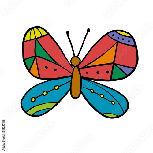 Ornate colorful butterfly, isolated on white. Cartoon for your design