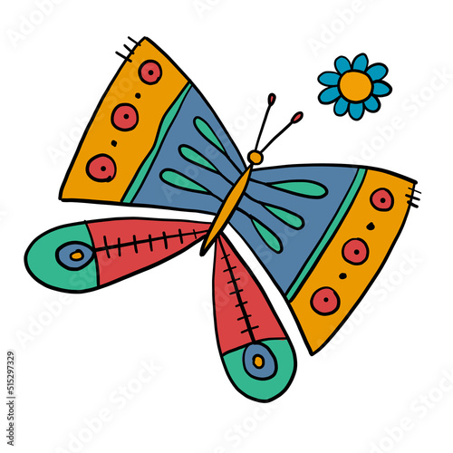 Ornate colorful butterfly, isolated on white. Cartoon for your design