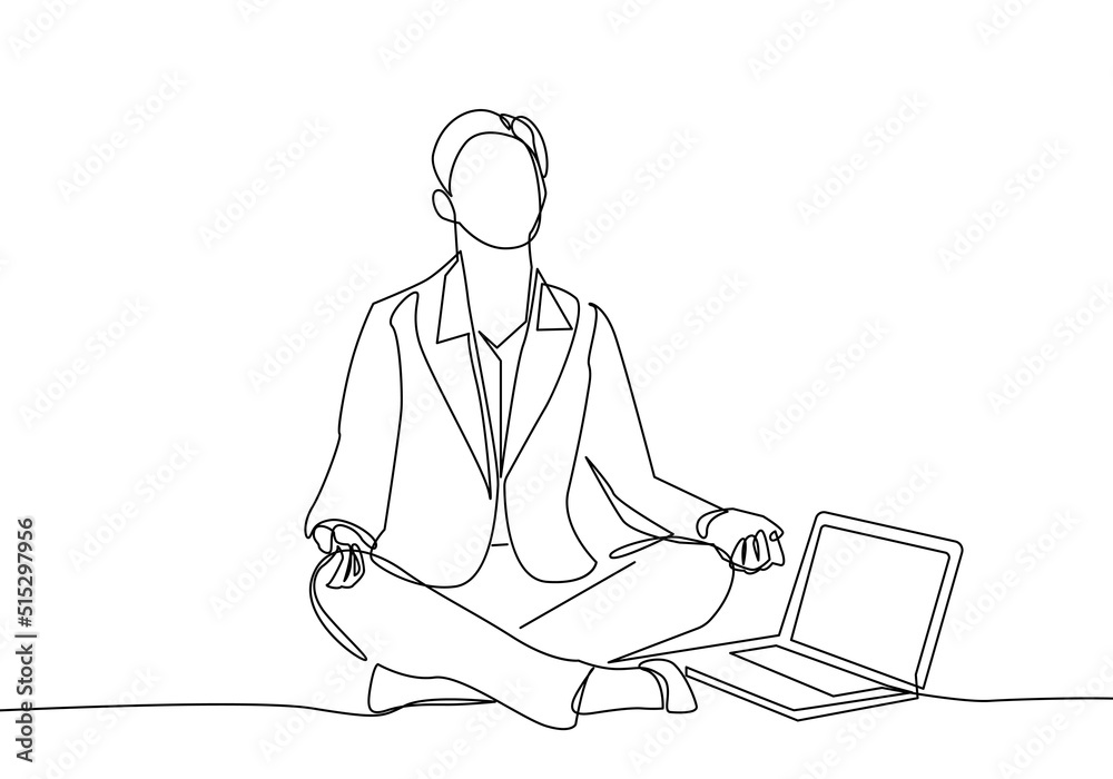 Meditation in Office Continuous One Line Drawing. Businessman with