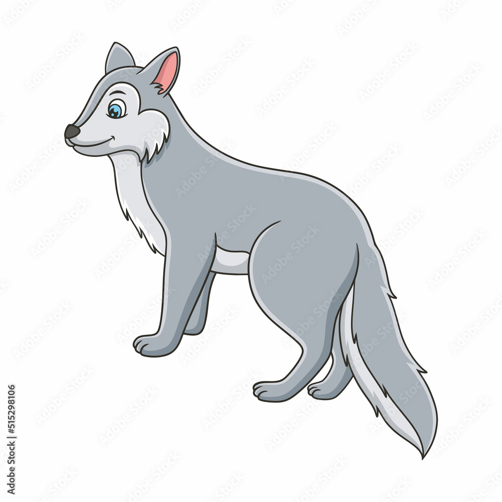 Fototapeta premium cartoon illustration the wolf is standing coolly on a fallen tree trunk by the river looking in the opposite direction