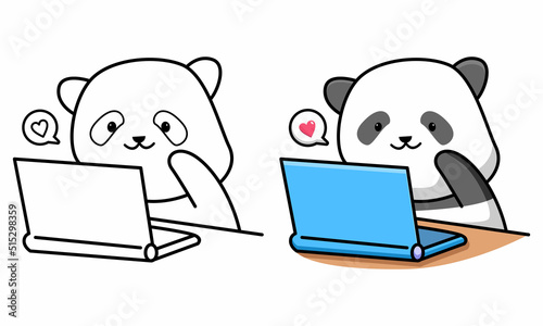 Cute panda with laptop coloring page for kids