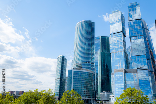 Moscow-City and Moscow-river area  Russia. modern architecture. Moscow City and skyscraper Moscow International Business Center in daytime against the blue sky with place for text