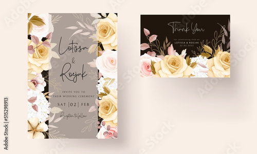 Floral wedding invitation template set with elegant brown flower leaves