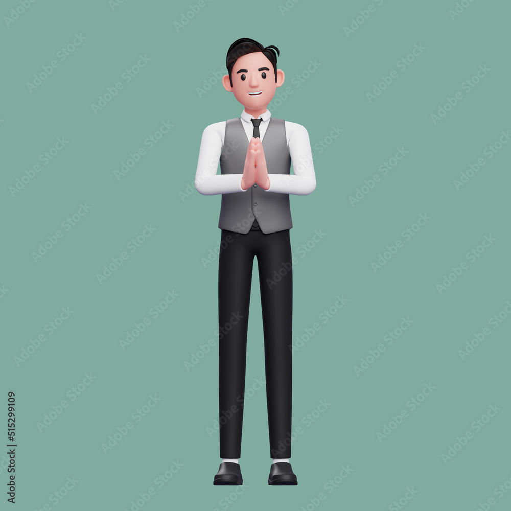 handsome man doing namaste pose wearing a gray office vest, 3d render character illustration handsome man doing namaste pose wearing a gray office vest, 3d render character illustration