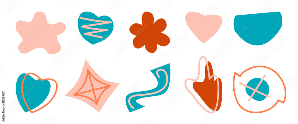 Hand drawn line contour flower and abstract shapes, plant and heart objects in pink and blue colors set. Minimalist geometric forms. Design for banners, brochures and covers. Vector illustration Hand drawn line contour flower and abstract shapes, plant and heart objects in pink and blue colors set. Minimalist geometric forms. Design for banners, brochures and covers. Vector illustration