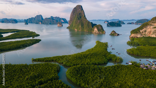 panorama view of Sametnangshe, view of mountains in Phangnga bay with mangrove forest in andaman sea with evening twilight sky, travel destination in Phangnga, Thailand photo