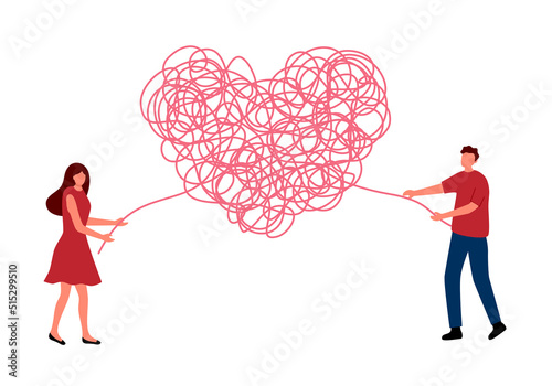 Man and woman untangle heart metaphor in flat design on white background. Loving couple getting divorce.