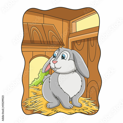 cartoon illustration the rabbit on the hay in the cage