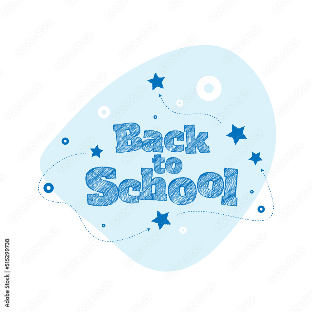 Naklejka premium beautiful blue hatched inscription back to school on a light blue spot in the form of an abstract circle on a white background with a pattern of dotted blue arrows, circles with a hole of blue and