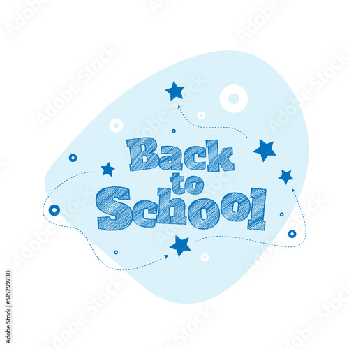 beautiful blue hatched inscription back to school on a light blue spot in the form of an abstract circle on a white background with a pattern of dotted blue arrows, circles with a hole of blue and