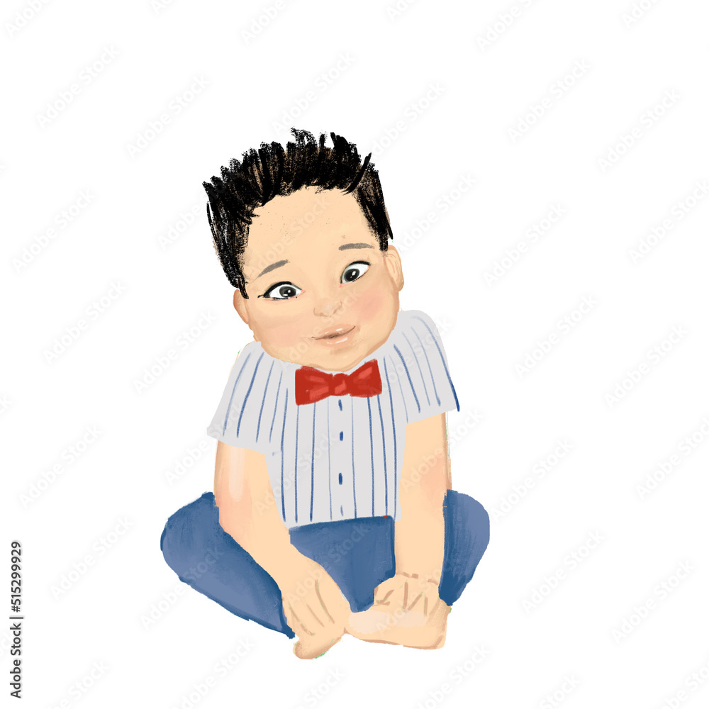 Illustration of an Asian baby boy with spiky hair wearing denim shorts, a striped shirt, and a bowtie. Cute toddler in a stylish outfit isolated on white Illustration of an Asian baby boy with spiky hair wearing denim shorts, a striped shirt, and a bowtie. Cute toddler in a stylish outfit isolated on white