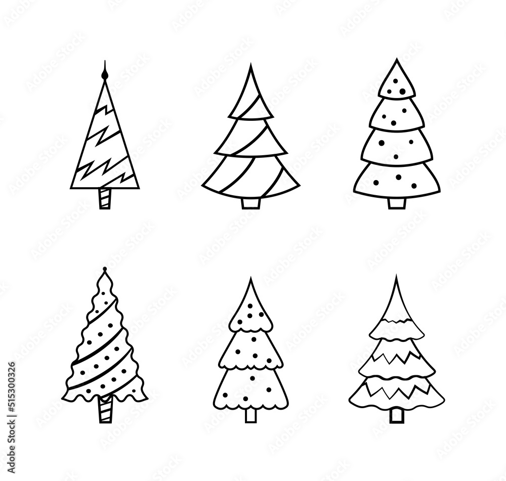 Collection of Christmas trees with outline. Vector set of flat Christmas trees for the holiday. Christmas trees for print and web design isolated on white background