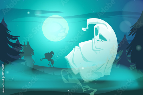 Creepy Halloween background with ghost and zombie in dark forest at night. Vector cartoon spooky illustration of midnight landscape with coniferous trees, full moon, spirit and silhouette of zombi