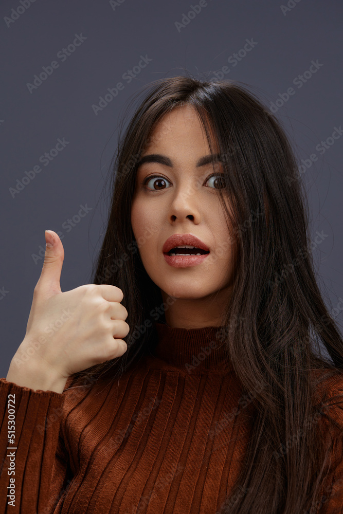 Brunette brown sweater glamor posing smile fashion Gray background Brunette brown sweater glamor posing smile fashion Gray background