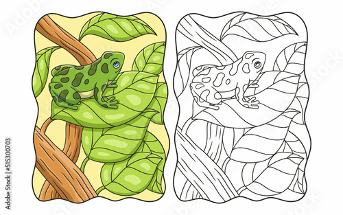cartoon illustration the frog is on a leaf of a leafy tree and high in the middle of the forest and looks up to catch its prey book or page for kids
