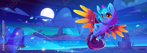 Cute monster cat on alien fantasy planet landscape. Cartoon funny fluffy character with fairy wings over background with glowing magic lake and rocks under full moon in night sky Vector illustration