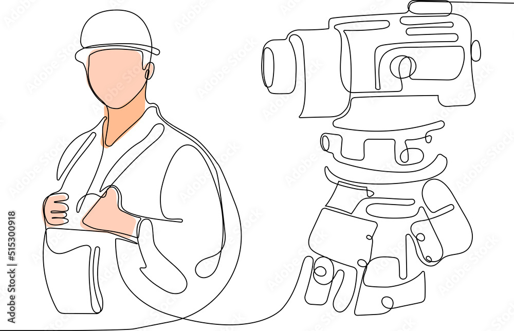 Fototapeta premium Close up of young Caucasian worker with helmet on head using tablet for work while standing in warehouse. Surveyor with a tripod icon. Geodesic tripod. Vector illustration
