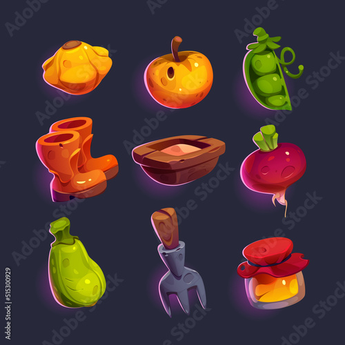 Set of game icons, gardening and farm cartoon elements. Vector apple and squash, green peas and beet, wooden trough and pitchfork, rubber boots, zucchini, honey in jar isolated on dark background