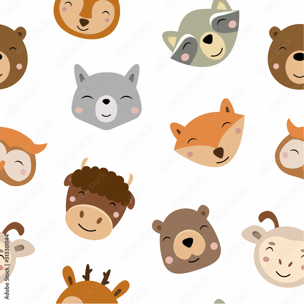 Fototapeta premium Seamless pattern with cute animal characters. Funny bear, fox, wolf, raccoon, owl. Children pattern. Faces of wild animals. Vector illustration on white background.