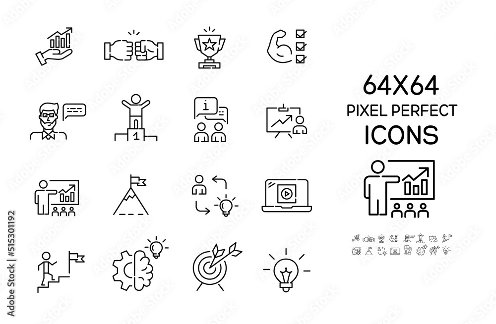 Set of 64x64 mentoring and success strategies icons. Pixel perfect, editable stroke