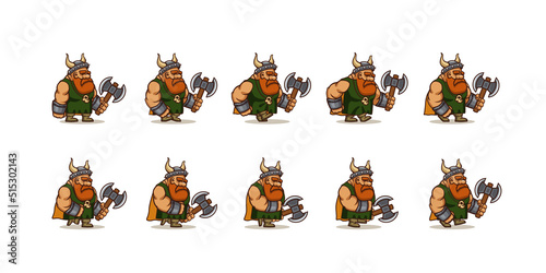 Game icons set of character viking walk cycle sequence. Vector cartoon sprite sheet of walking man warrior, barbarian with axe and horned helmet for 2d animation