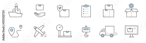 Delivery and shipping service doodle icons. Vector linear signs ship, hand with box, parcel, map pin, airplane, post scales, truck and hook. desktop, insurance shield and check list
