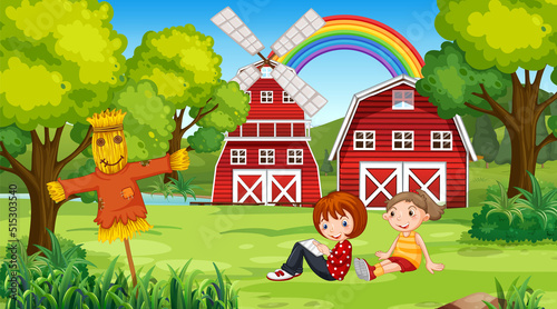 Farm scene with kids sitting in the garden