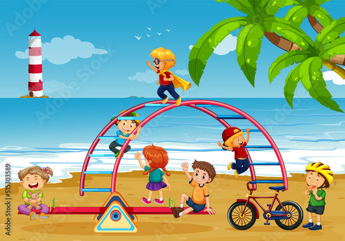 Beach playground with happy children