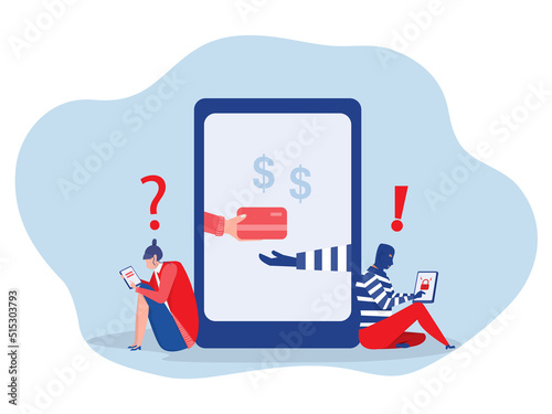 A woman on the phone screen and the scammer stealing a bank card from  attack on call or online banking appScammer,phishing fraud, scam phone,vector illustration. photo