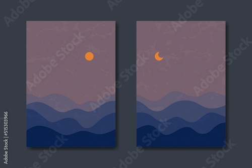 Set of three Abstract Aesthetic mid century modern landscape Contemporary boho poster cover template. Minimal and natural Illustrations for art print, postcard, wallpaper, wall art, home decor.