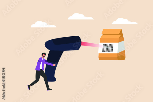 Cashier uses the barcode scanner to check product price. Shopping mall concept. Colored flat vector illustration isolated.