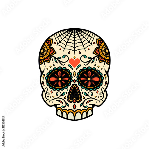 Illustration of mexican sugar skull. Design element for emblem, sign, poster, package design. Vector illustration