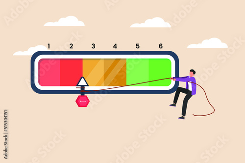 Businessman  pull the needle to the green bar scale. Product Rating Concept. Flat vector illustration isolated. 