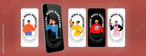 Social media marketing banners for mobile phone app. Business strategy. Vector banners of SMM, online advertising strategy with flat illustration of diverse people with megaphone and tablet