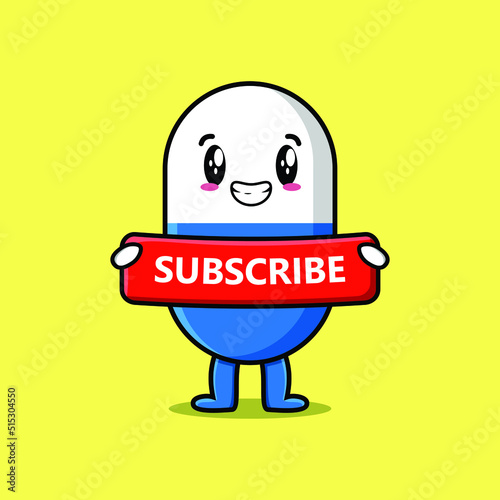 Cute cartoon capsule medicine character holding red subscribe board