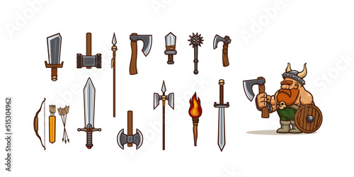 Cartoon viking and different types of weapon. ancient scandinavian warrior with axe, sword, hammer, bow with quiver, spear and torch, mace or wooden shield. Game or fairy tale personage Vector set