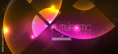 Abstract background with neon glowing light effects. Round shapes, triangles and circles. Wallpaper for concept of AI technology, blockchain, communication, 5G, science, business and technology