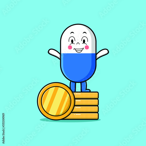 Cute cartoon capsule medicine character standing in stacked gold coin vector illustration